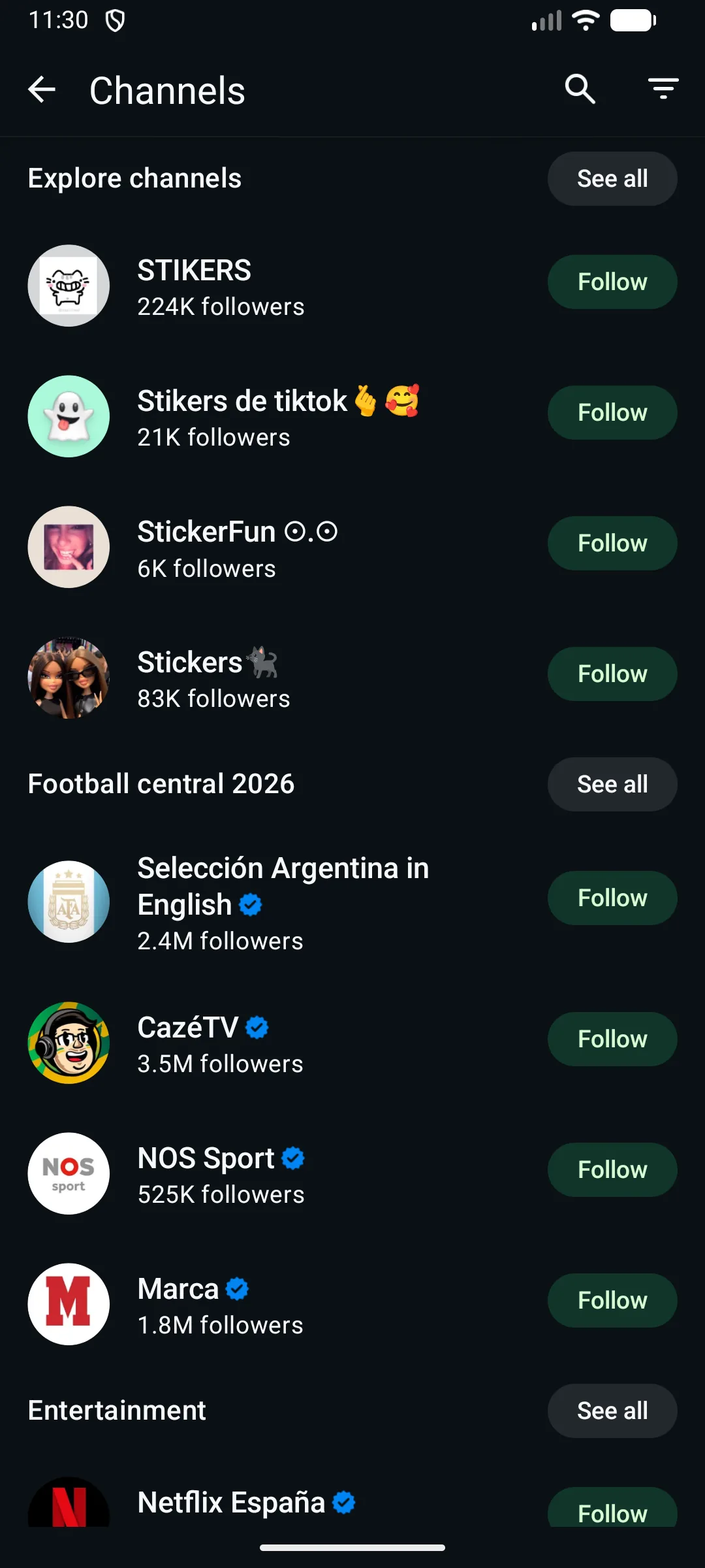 WhatsApp channel directory showing channels by category with a follow button