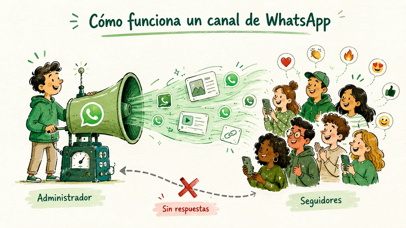 Diagrama del flujo de un canal de WhatsApp: el administrador publica y los seguidores solo reciben, sin respuesta de vuelta