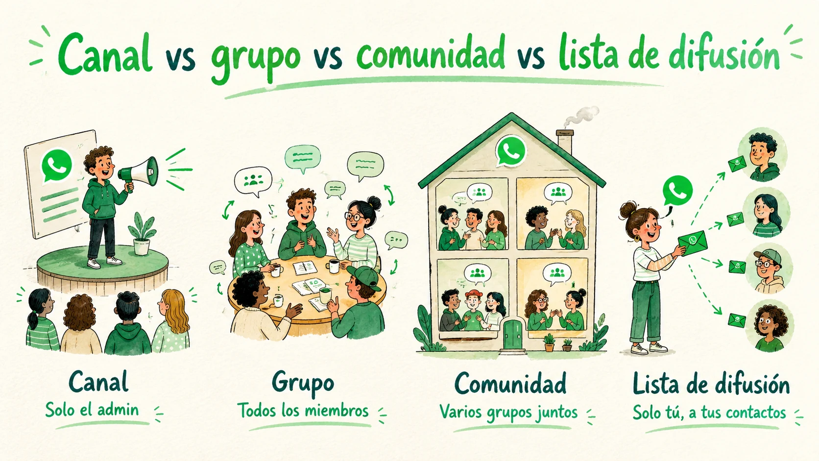Comparativa visual entre canal, grupo, comunidad y lista de difusión de WhatsApp según quién puede escribir