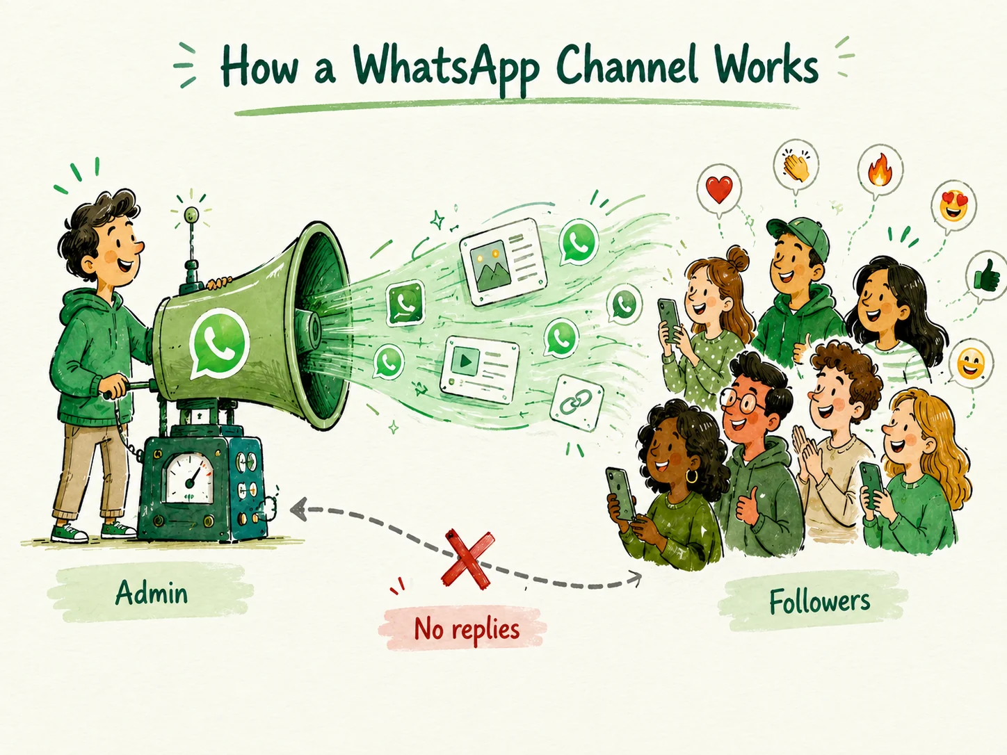 Diagram of the flow of a WhatsApp channel: the admin posts and followers only receive, with no reply back