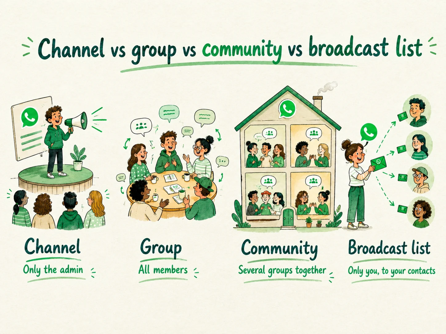 Visual comparison of a WhatsApp channel, group, community, and broadcast list based on who can write